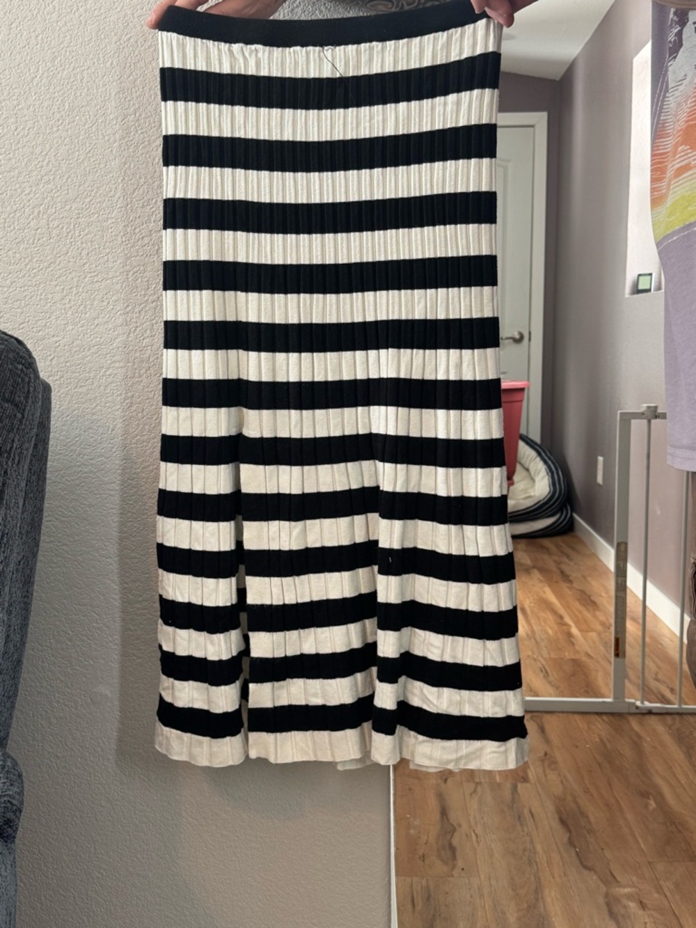 a new day Black and White Horizontal Stripe Ribbed Midi Skirt
